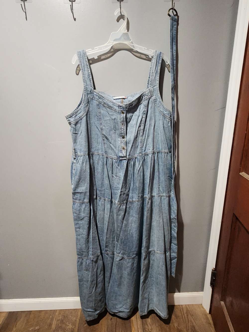 Light Wash Denim Maxi Dress with Adjustable Tie & Pockets